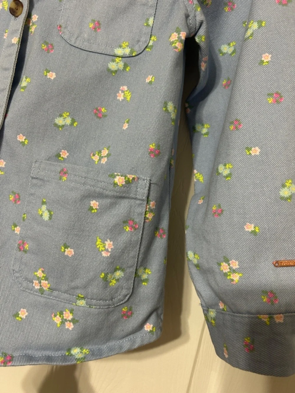 TAHARI Girl’s Blue & Pink  Floral Jacket Cotton Denim Shacket Size 7/8